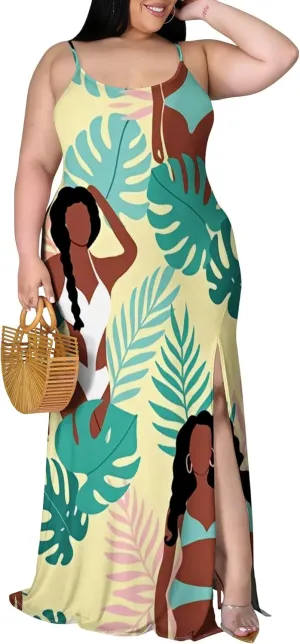 Womens Plus Size African Print Maxi Dress Summer Casual Sleeveless Sundress Sexy Spaghetti Strap Side Split Long Beach Dress