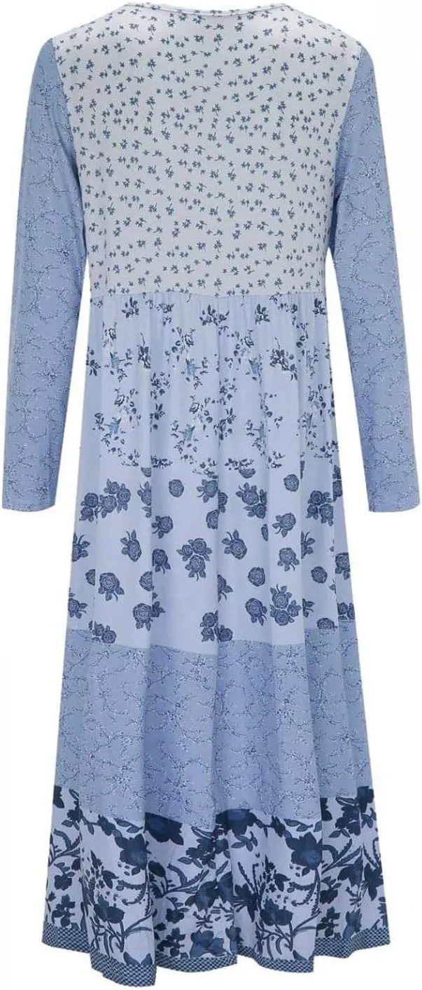 Womens Plus Size Boho Floral Long Sleeve Midi Dress Casual Loose Pleated Crewneck Flowy Bohemian Long Dresses