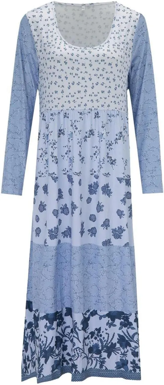 Womens Plus Size Boho Floral Long Sleeve Midi Dress Casual Loose Pleated Crewneck Flowy Bohemian Long Dresses