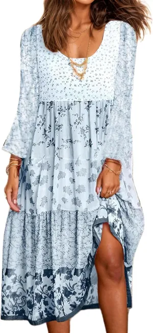 Womens Plus Size Boho Floral Long Sleeve Midi Dress Casual Loose Pleated Crewneck Flowy Bohemian Long Dresses