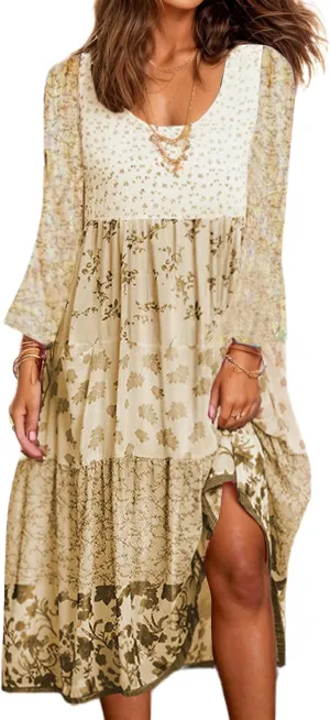Womens Plus Size Boho Floral Long Sleeve Midi Dress Casual Loose Pleated Crewneck Flowy Bohemian Long Dresses