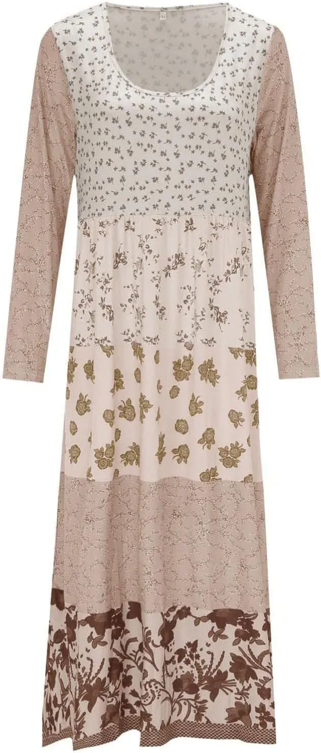 Womens Plus Size Boho Floral Long Sleeve Midi Dress Casual Loose Pleated Crewneck Flowy Bohemian Long Dresses