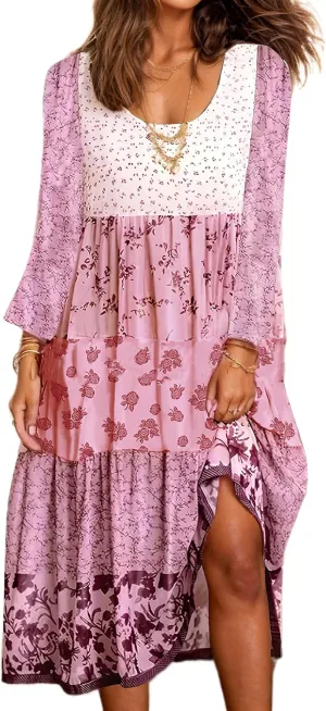 Womens Plus Size Boho Floral Long Sleeve Midi Dress Casual Loose Pleated Crewneck Flowy Bohemian Long Dresses