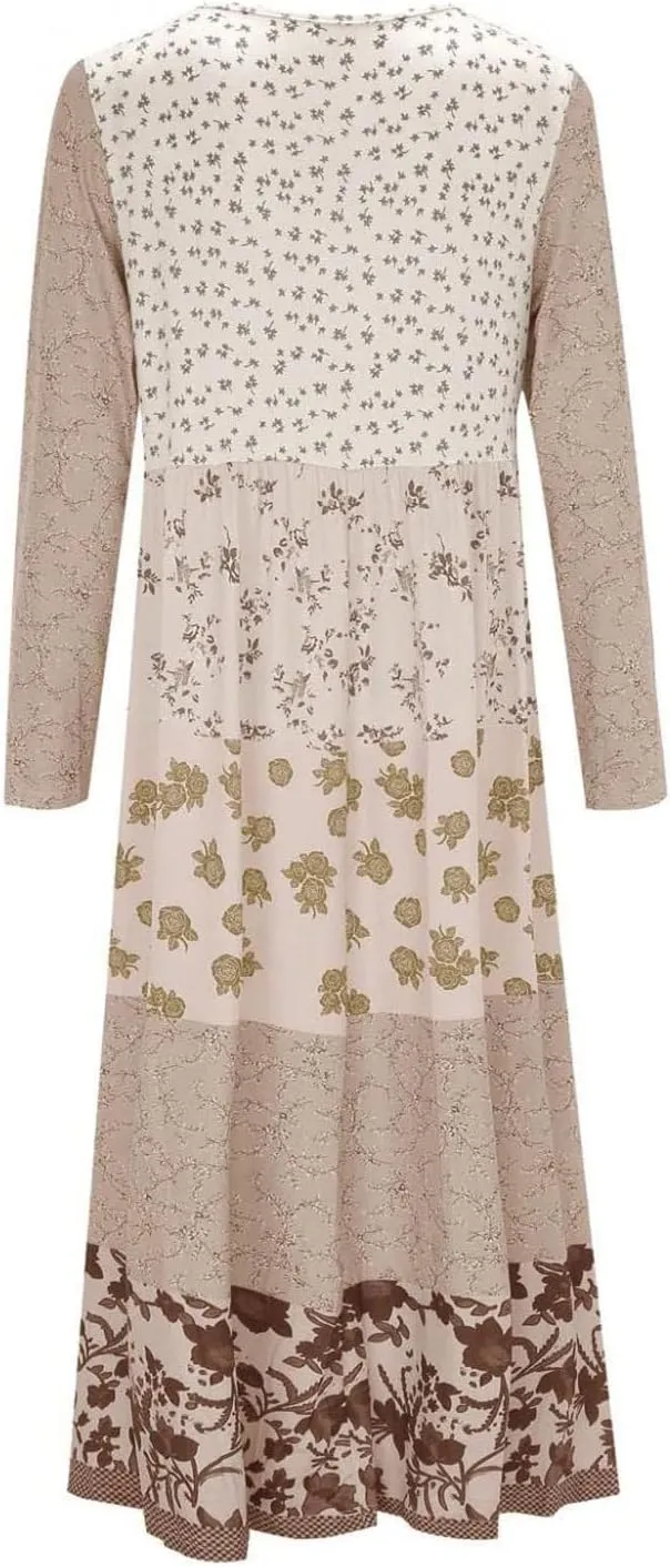 Womens Plus Size Boho Floral Long Sleeve Midi Dress Casual Loose Pleated Crewneck Flowy Bohemian Long Dresses
