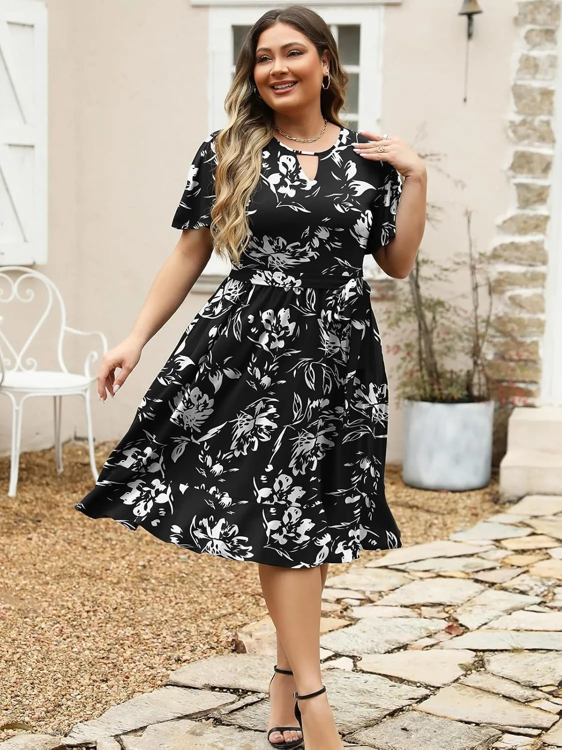 Women's Plus Size Casual Summer Dresses 2025 Elegant Keyhole Short Flutter Sleeve Belted Ruffle Hem Midi Dress