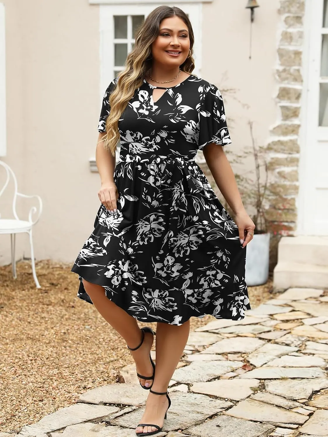 Women's Plus Size Casual Summer Dresses 2025 Elegant Keyhole Short Flutter Sleeve Belted Ruffle Hem Midi Dress
