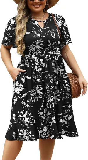 Women's Plus Size Casual Summer Dresses 2025 Elegant Keyhole Short Flutter Sleeve Belted Ruffle Hem Midi Dress