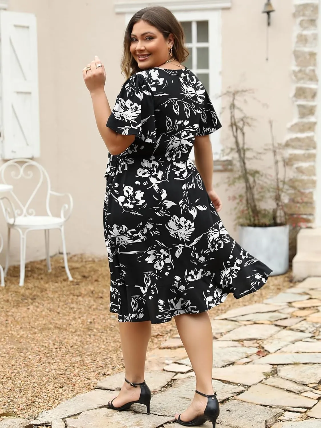 Women's Plus Size Casual Summer Dresses 2025 Elegant Keyhole Short Flutter Sleeve Belted Ruffle Hem Midi Dress