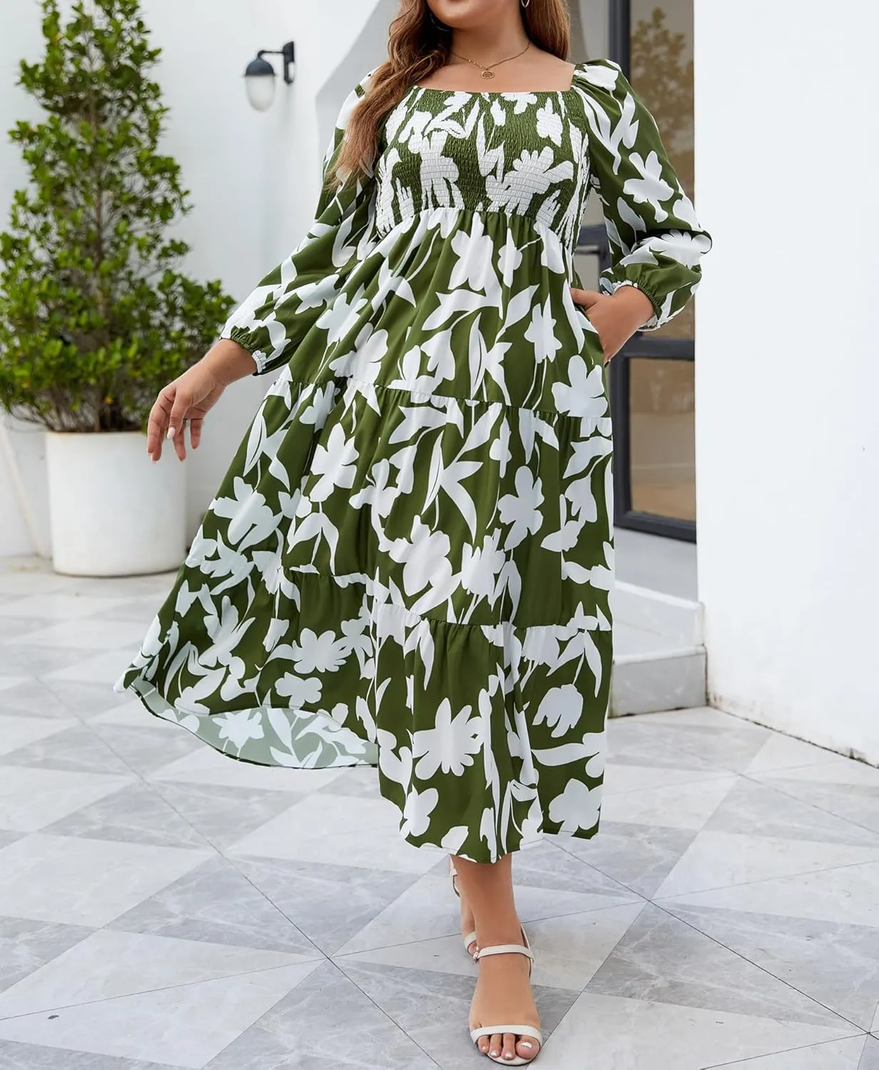 Women's Plus Size Dresses Long Sleeve Floral Midi Dress with Pocket Square Neck Casual Boho Smocked Dress