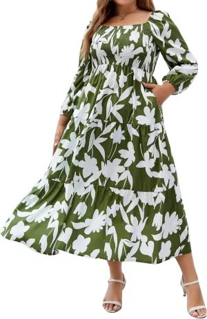 Women's Plus Size Dresses Long Sleeve Floral Midi Dress with Pocket Square Neck Casual Boho Smocked Dress
