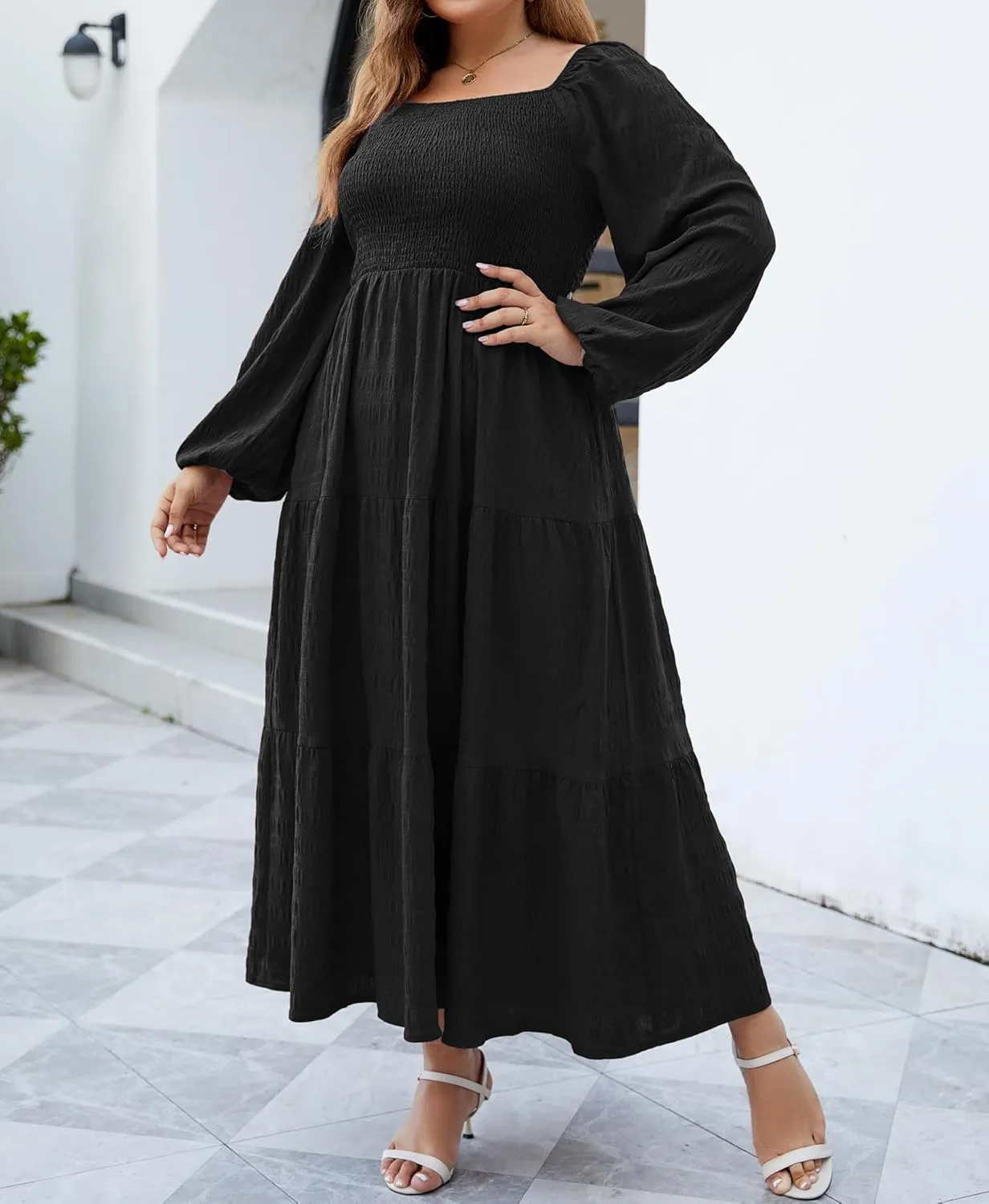 Women's Plus Size Dresses Long Sleeve Floral Midi Dress with Pocket Square Neck Casual Boho Smocked Dress