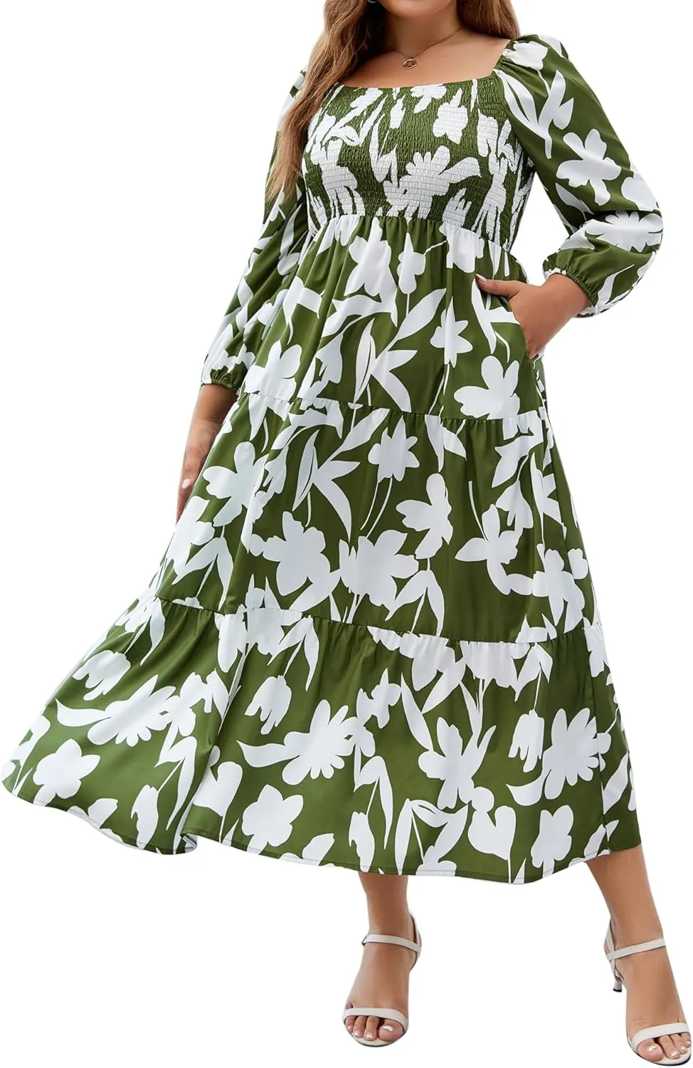Women's Plus Size Dresses Long Sleeve Floral Midi Dress with Pocket Square Neck Casual Boho Smocked Dress