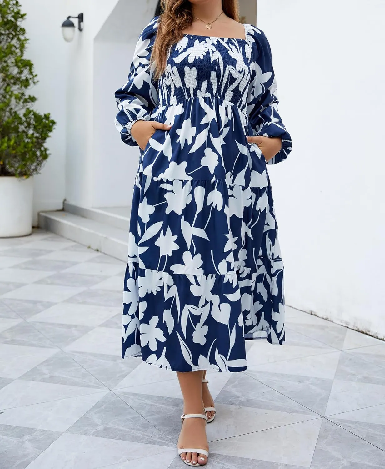 Women's Plus Size Dresses Long Sleeve Floral Midi Dress with Pocket Square Neck Casual Boho Smocked Dress