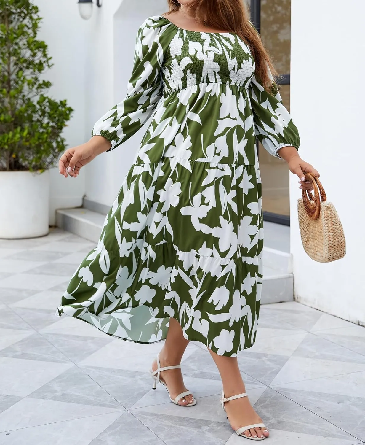 Women's Plus Size Dresses Long Sleeve Floral Midi Dress with Pocket Square Neck Casual Boho Smocked Dress