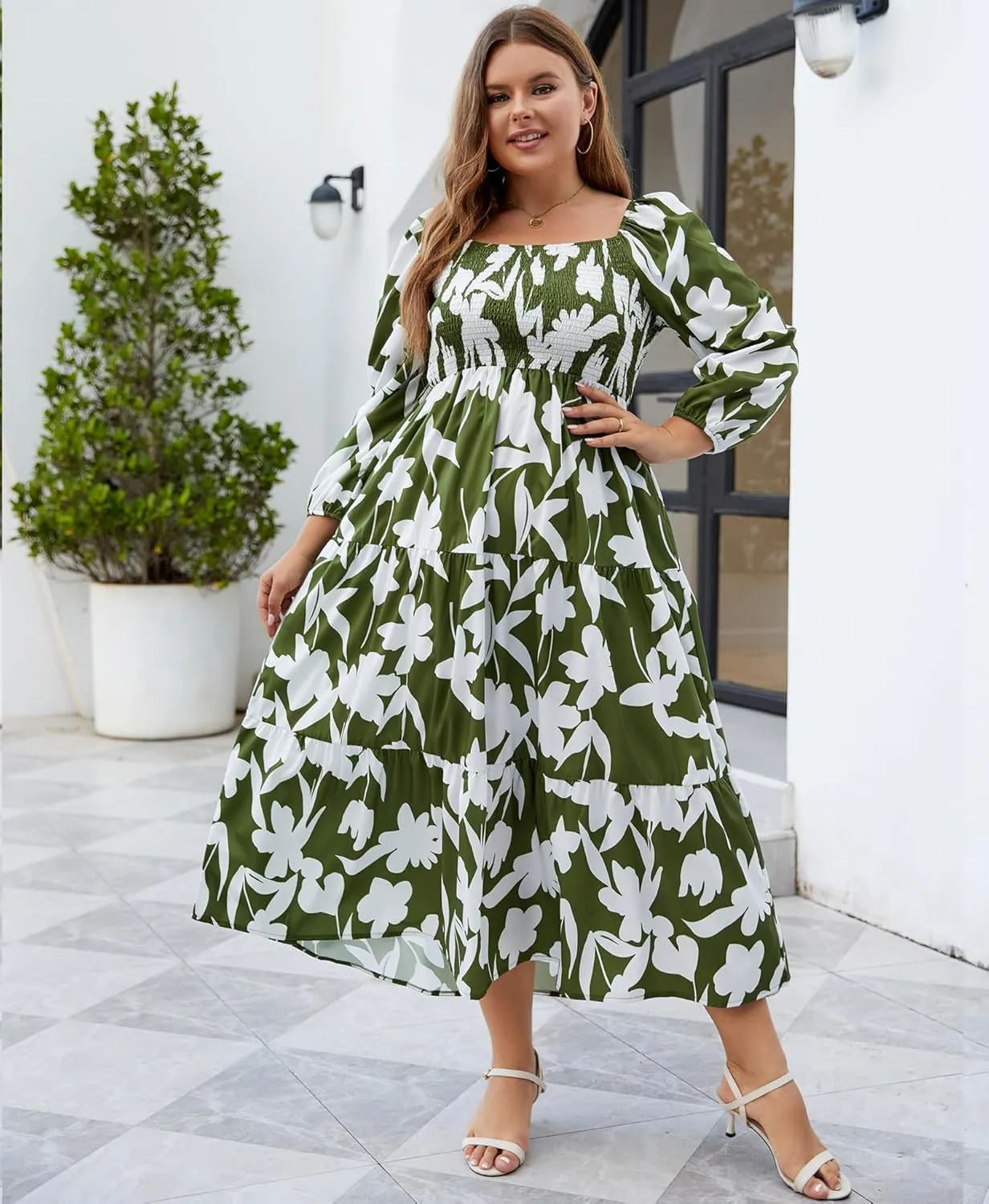 Women's Plus Size Dresses Long Sleeve Floral Midi Dress with Pocket Square Neck Casual Boho Smocked Dress