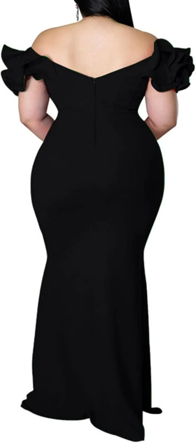 Women's Plus Size Maxi Dress Elegant V-Neck Ruffle Sleeves Bodycon Mermaid Dresses Evening Gown