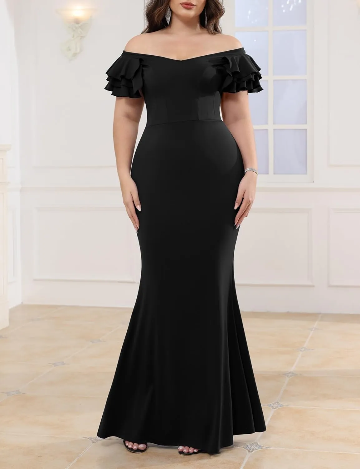 Women's Plus Size Maxi Dress Elegant V-Neck Ruffle Sleeves Bodycon Mermaid Dresses Evening Gown