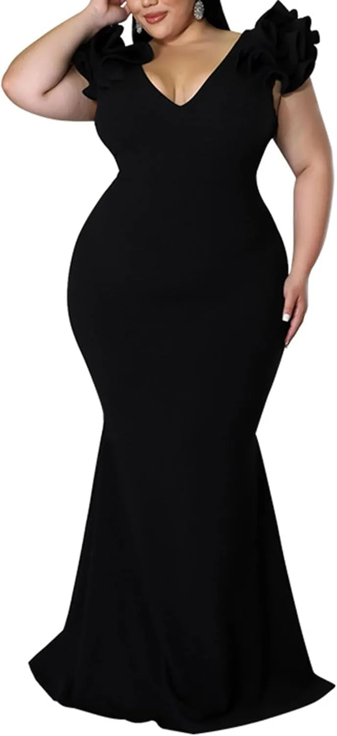 Women's Plus Size Maxi Dress Elegant V-Neck Ruffle Sleeves Bodycon Mermaid Dresses Evening Gown