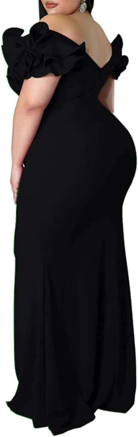 Women's Plus Size Maxi Dress Elegant V-Neck Ruffle Sleeves Bodycon Mermaid Dresses Evening Gown