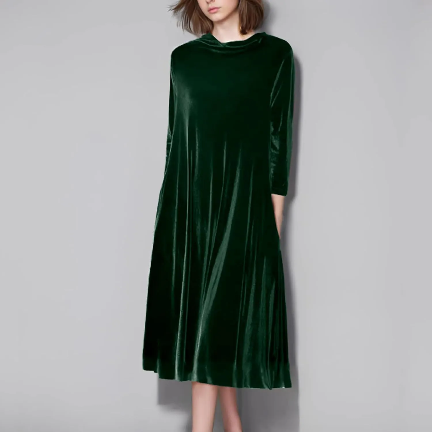 Womens Plus Size Velvet Dress Dressy Elegant Luxury Party Club Long Sleeve Round Neck Wedding Guest Midi Dresses