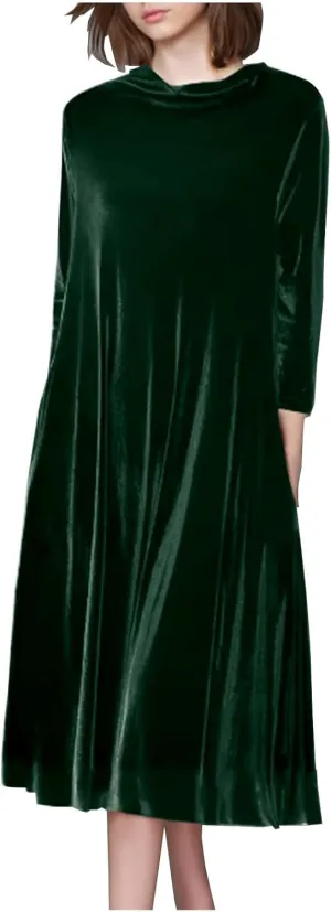Womens Plus Size Velvet Dress Dressy Elegant Luxury Party Club Long Sleeve Round Neck Wedding Guest Midi Dresses