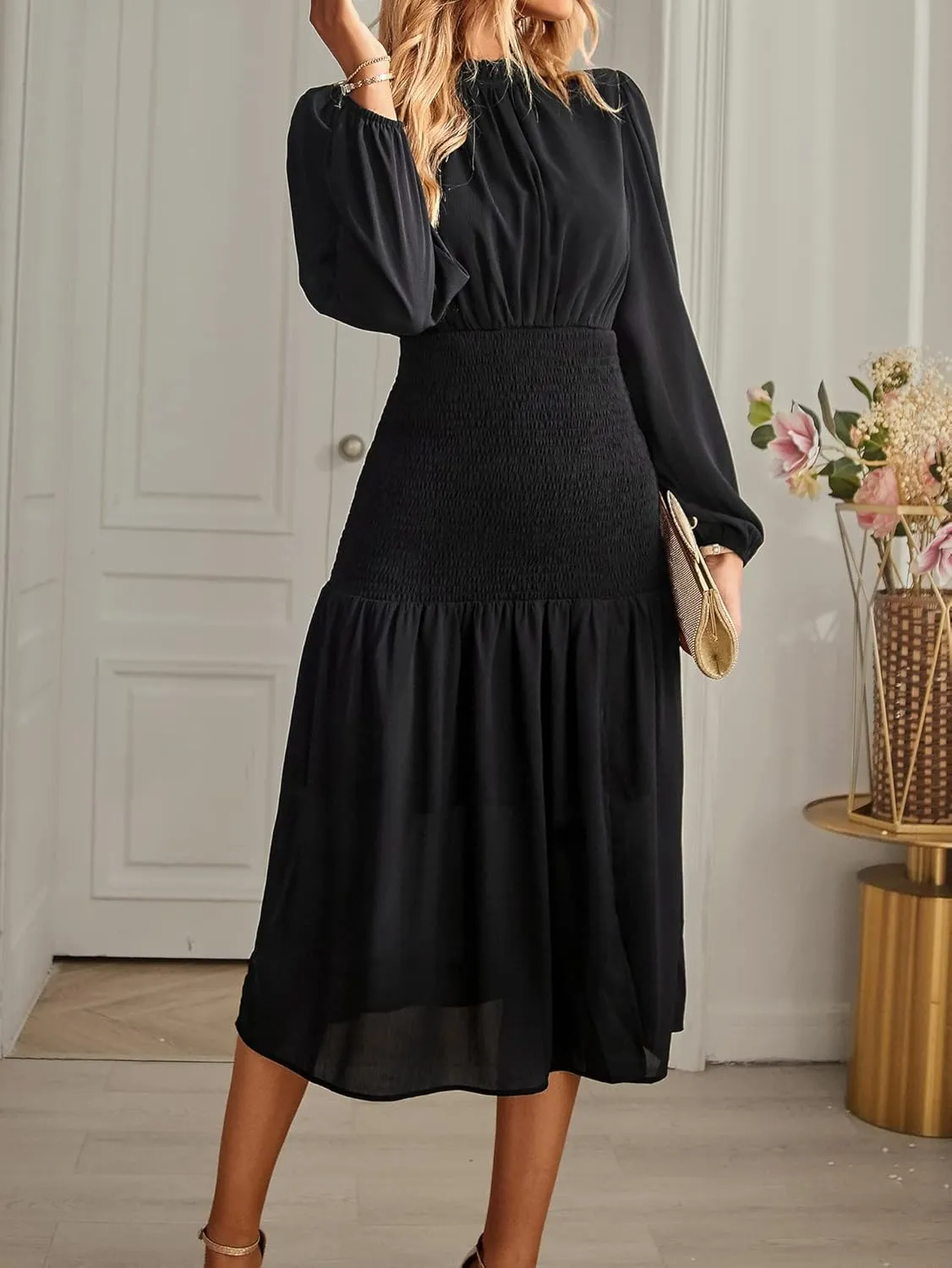 Women's Round Neck Long Sleeve Dress Solid Color Slit Ruffles Club Party Evening Dress