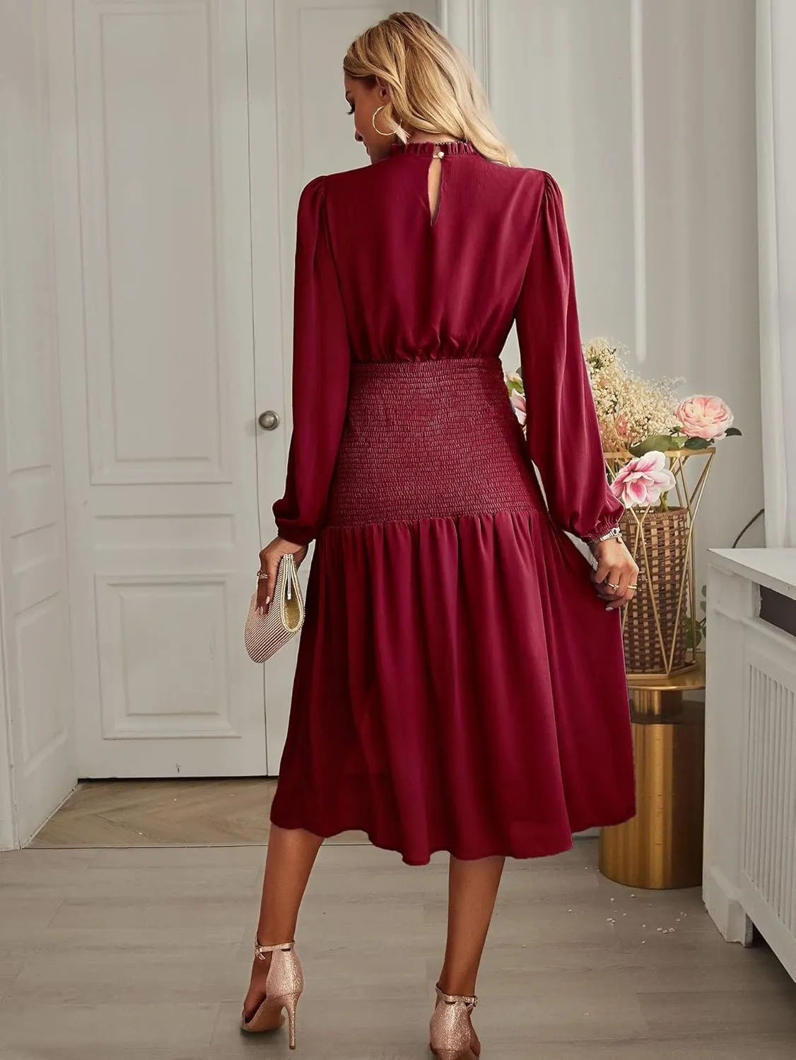 Women's Round Neck Long Sleeve Dress Solid Color Slit Ruffles Club Party Evening Dress