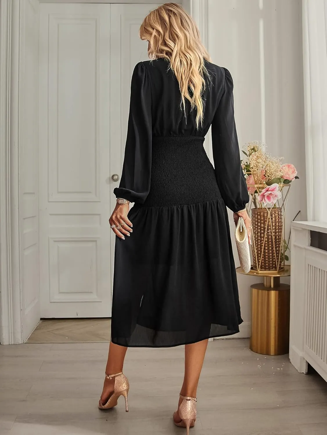 Women's Round Neck Long Sleeve Dress Solid Color Slit Ruffles Club Party Evening Dress