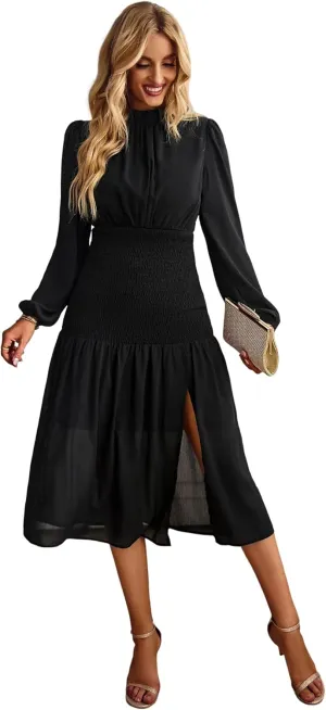 Women's Round Neck Long Sleeve Dress Solid Color Slit Ruffles Club Party Evening Dress