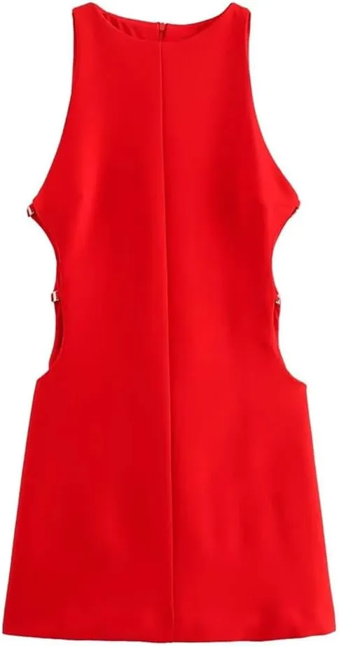Women's Round Neck Sleeveless Slim Fit Short Mini Dress Red S