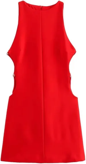 Women's Round Neck Sleeveless Slim Fit Short Mini Dress Red S
