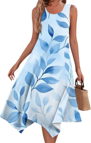 Women's Round Neck Sleeveless Tank Sundresses 2025 Floral Print Irregular Hem Midi Dress, S-2XL