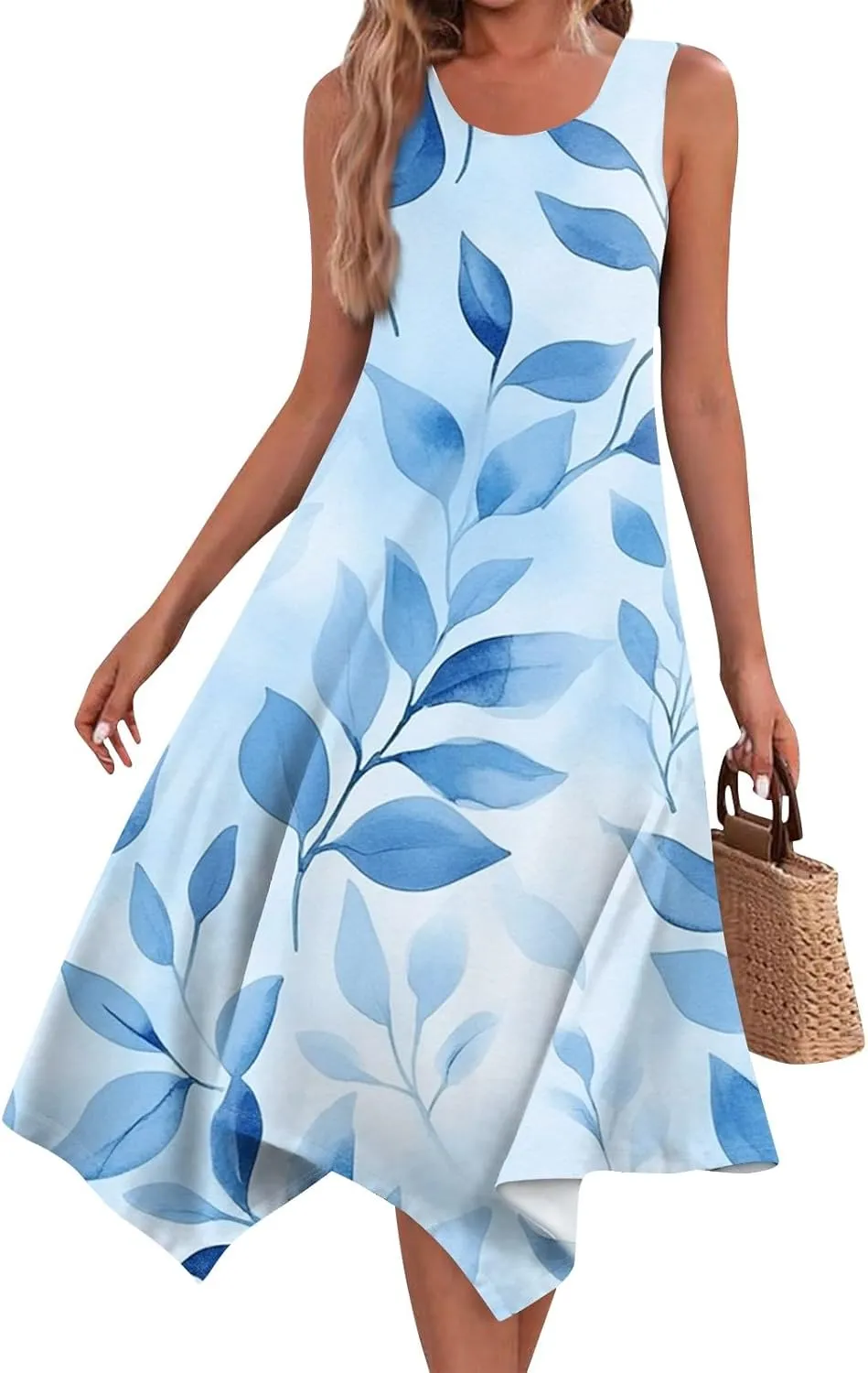Women's Round Neck Sleeveless Tank Sundresses 2025 Floral Print Irregular Hem Midi Dress, S-2XL