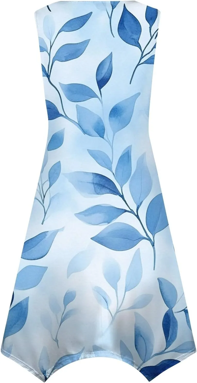 Women's Round Neck Sleeveless Tank Sundresses 2025 Floral Print Irregular Hem Midi Dress, S-2XL