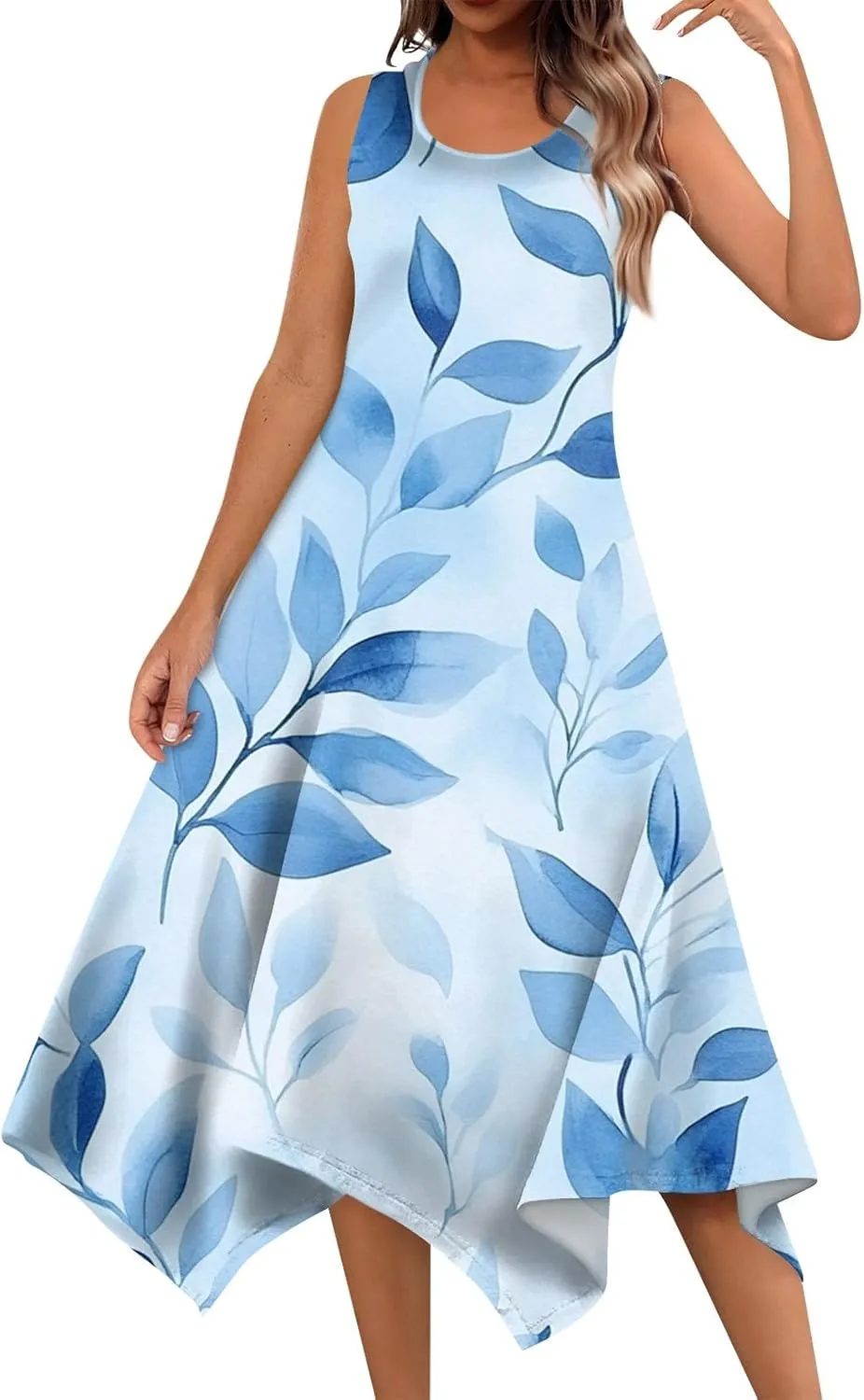Women's Round Neck Sleeveless Tank Sundresses 2025 Floral Print Irregular Hem Midi Dress, S-2XL