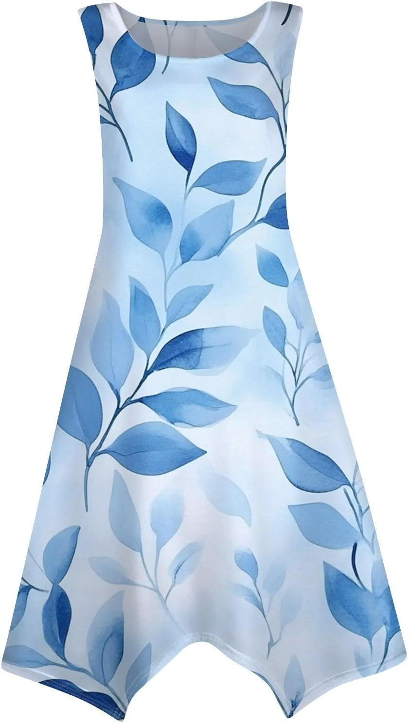 Women's Round Neck Sleeveless Tank Sundresses 2025 Floral Print Irregular Hem Midi Dress, S-2XL