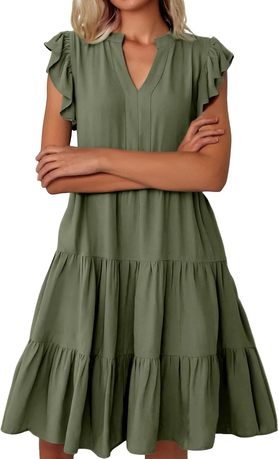 Womens Ruffle Sleeve Midi Dresses Summer Casual Fit V Neck Dress Flowy Tiered Beach Vacation Sundress