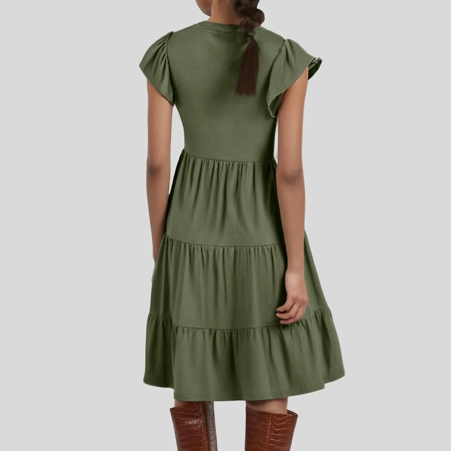Womens Ruffle Sleeve Midi Dresses Summer Casual Fit V Neck Dress Flowy Tiered Beach Vacation Sundress