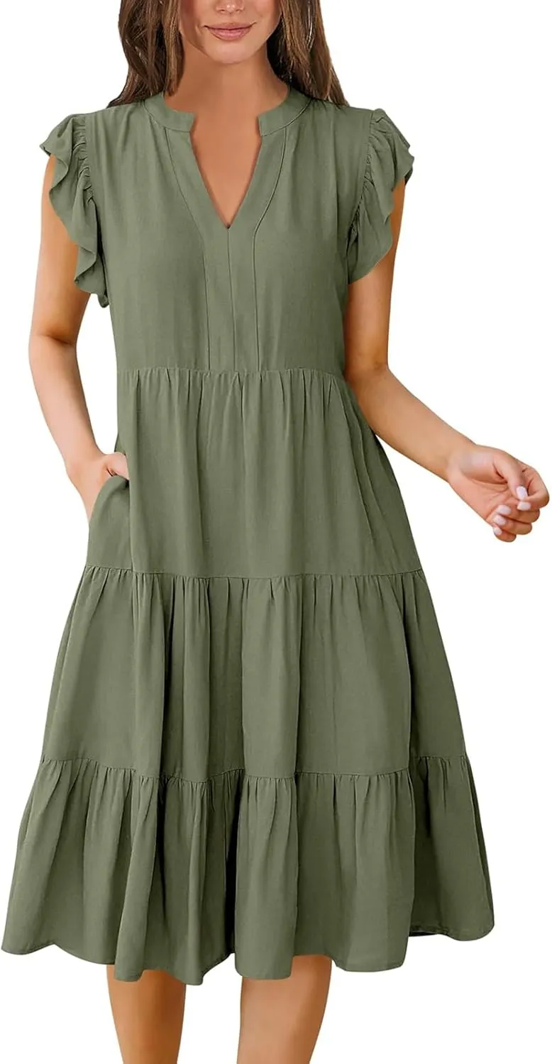 Womens Ruffle Sleeve Midi Dresses Summer Casual Fit V Neck Dress Flowy Tiered Beach Vacation Sundress