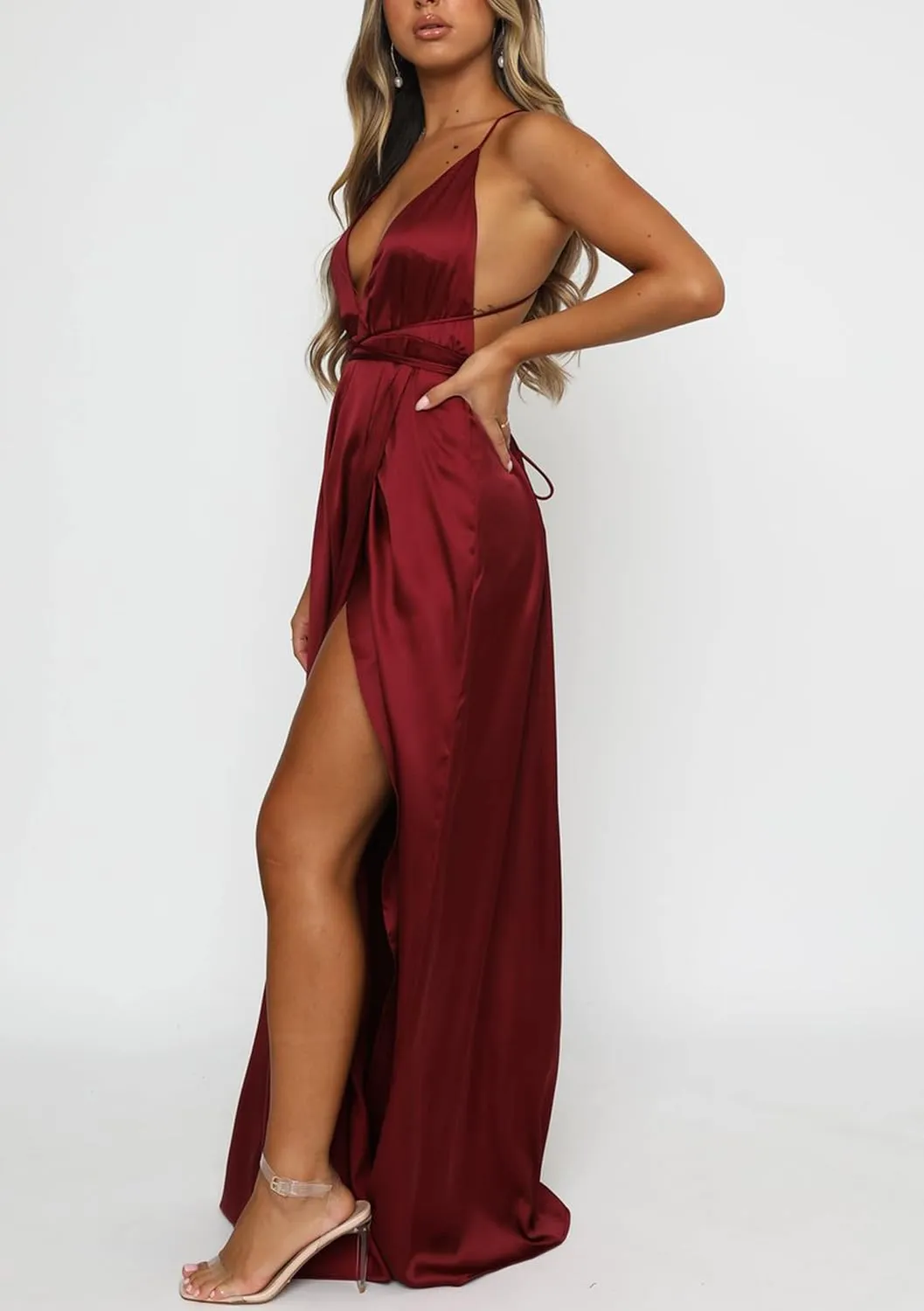 Women's Satin Formal Dress Sexy V Neck Backless Split Long Maxi Cocktail Party Wedding Guest Dress