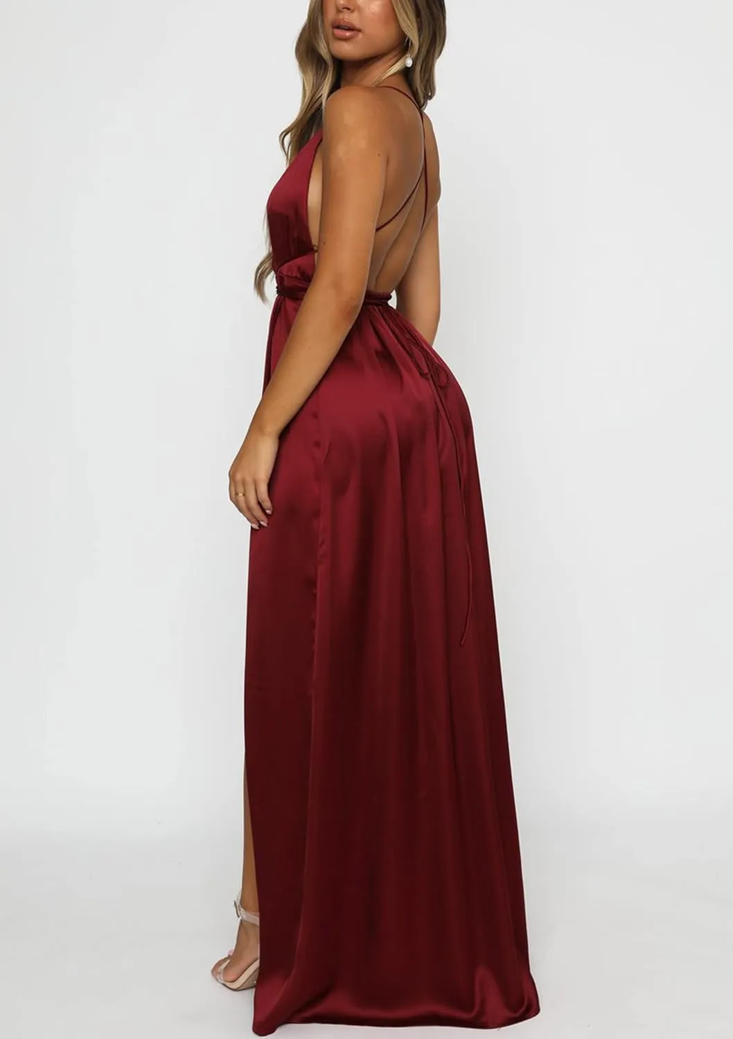 Women's Satin Formal Dress Sexy V Neck Backless Split Long Maxi Cocktail Party Wedding Guest Dress
