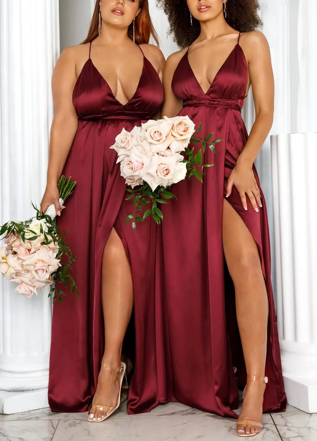 Women's Satin Formal Dress Sexy V Neck Backless Split Long Maxi Cocktail Party Wedding Guest Dress