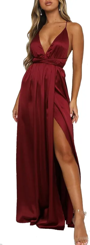 Women's Satin Formal Dress Sexy V Neck Backless Split Long Maxi Cocktail Party Wedding Guest Dress