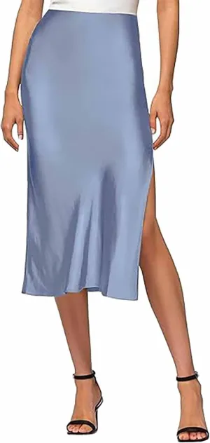 Womens Satin Silk High Waist Slit Midi Skirt Elastic Waistband Midi Skirts Elegant and Handsome Half