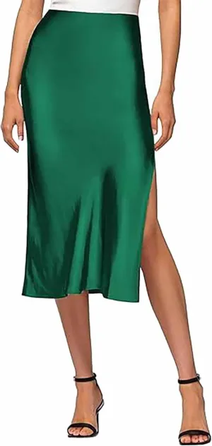 Womens Satin Silk High Waist Slit Midi Skirt Elastic Waistband Midi Skirts Elegant and Handsome Half