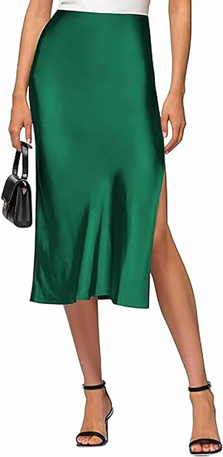 Womens Satin Silk High Waist Slit Midi Skirt Elastic Waistband Midi Skirts Elegant and Handsome Half