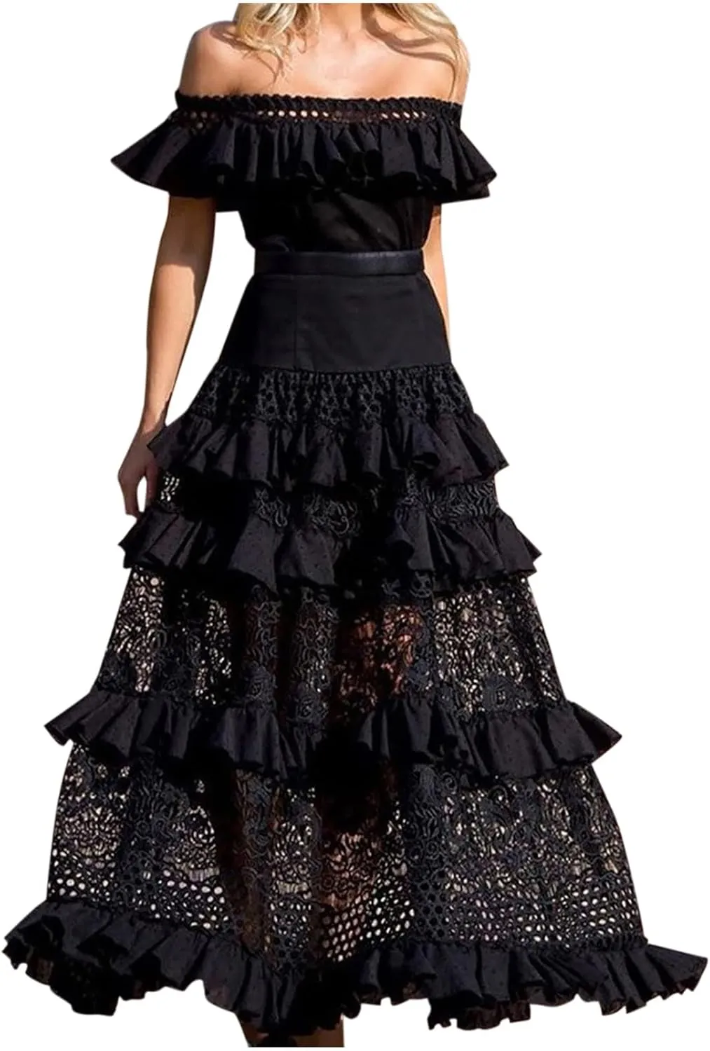 Women's Sexy Off Shoulder Short Sleeve Maxi Swing Dress Chiffon Gown Empire Waist Long Cocktail Evening Party Dress Black
