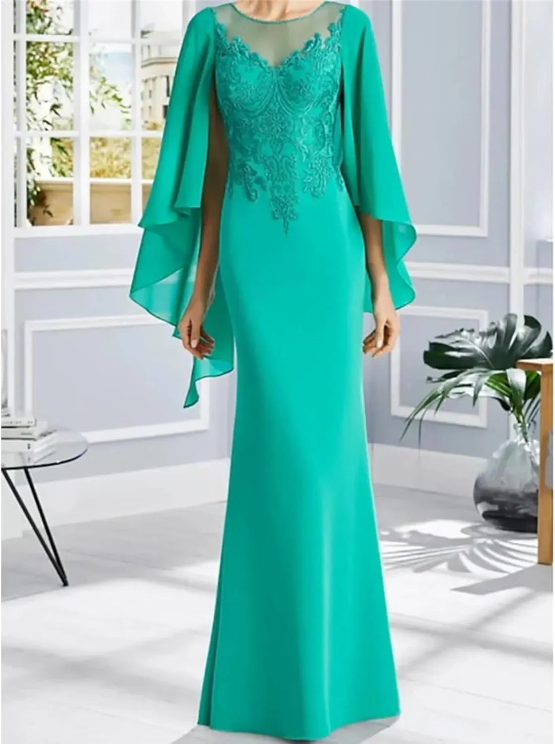 Women's Sheath Mother of The Bride Elegant Dress Jewel Neck Long Chiffon Wedding Guest Dress with Appliques