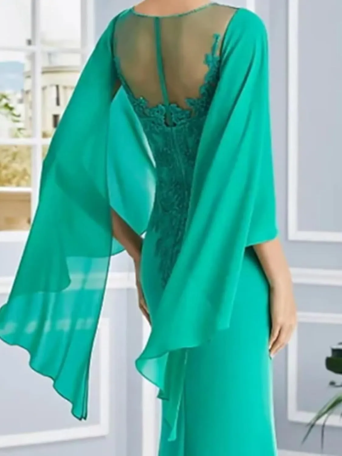 Women's Sheath Mother of The Bride Elegant Dress Jewel Neck Long Chiffon Wedding Guest Dress with Appliques
