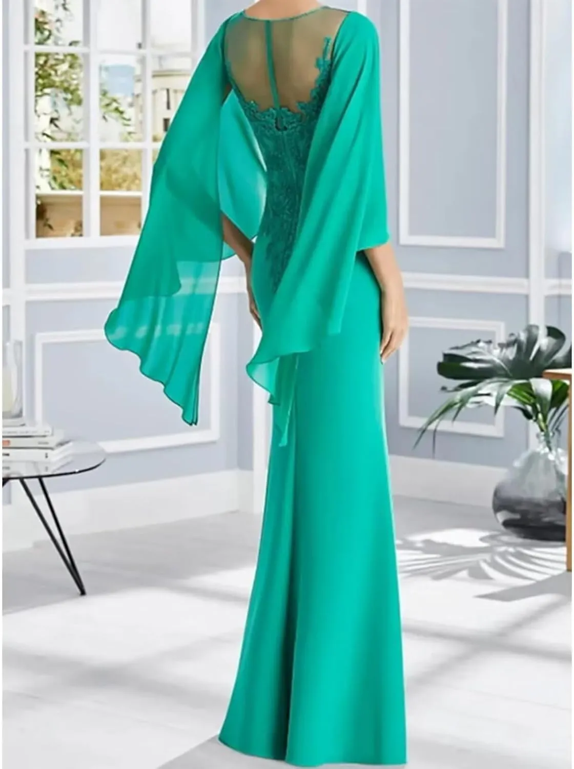 Women's Sheath Mother of The Bride Elegant Dress Jewel Neck Long Chiffon Wedding Guest Dress with Appliques